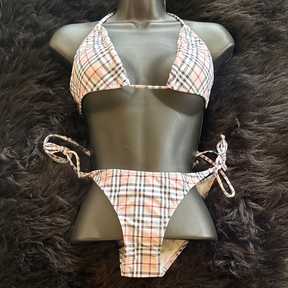 Plaid Triangle Two-Piece Swimwear with Tie Sides - Pink/White